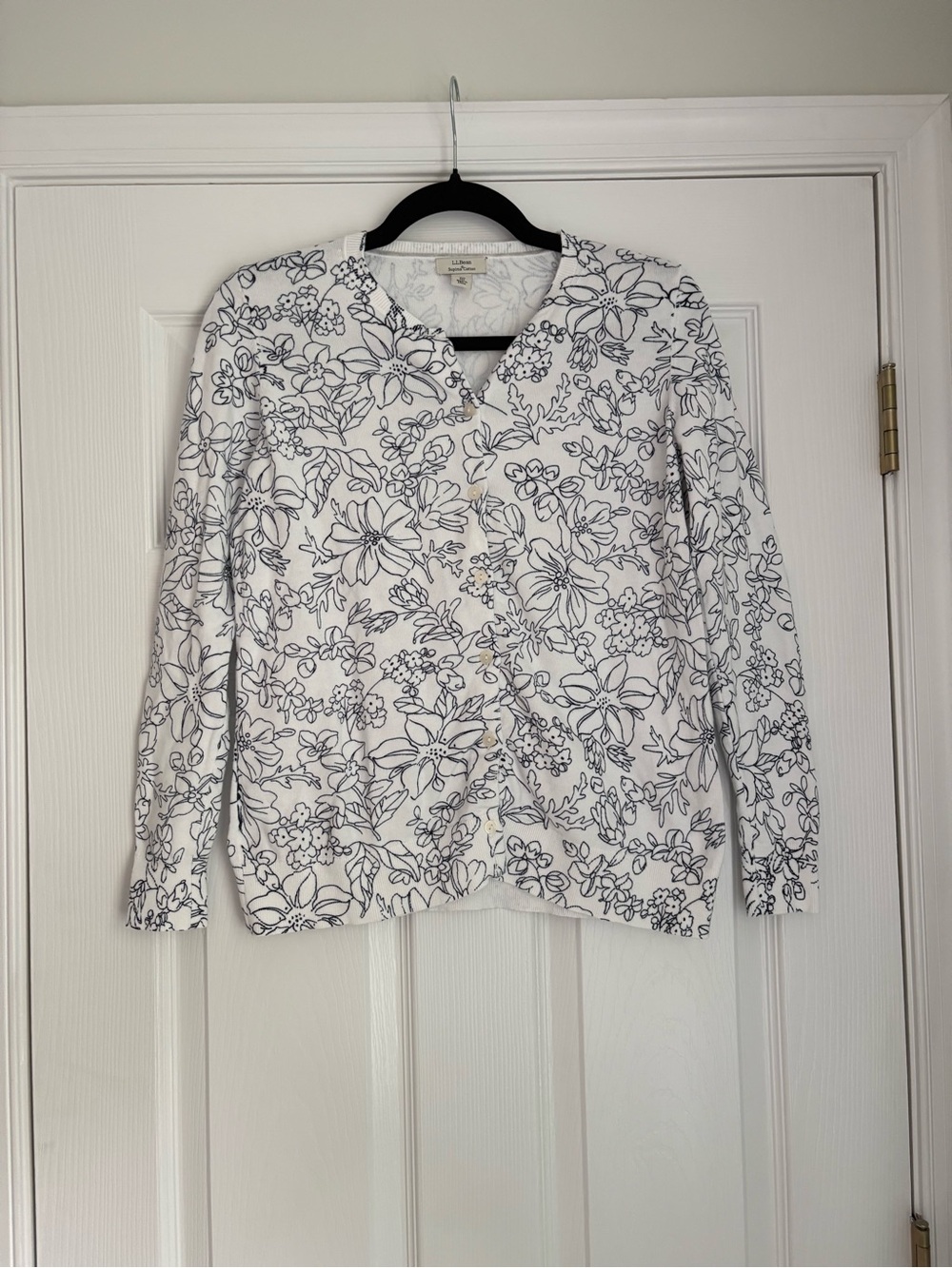 L.L. Bean White Long-Sleeve Top with Navy Floral Outline